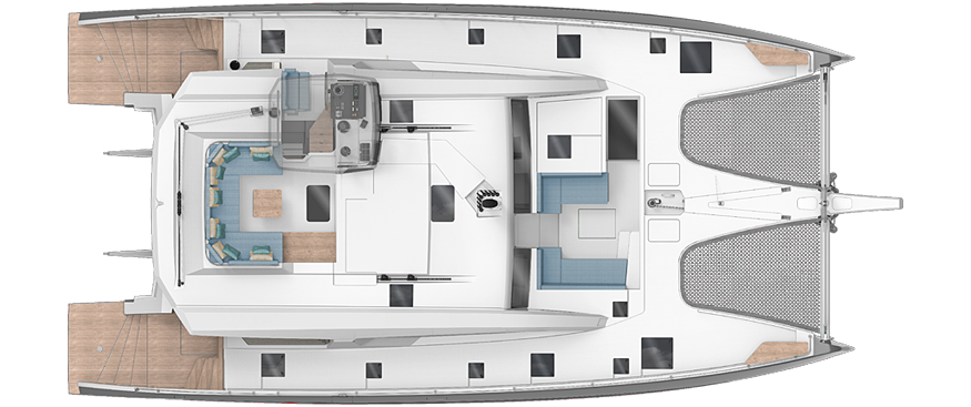 Catamaran deck layout with seating, helm, and netting areas for leisure and steering accessibility.