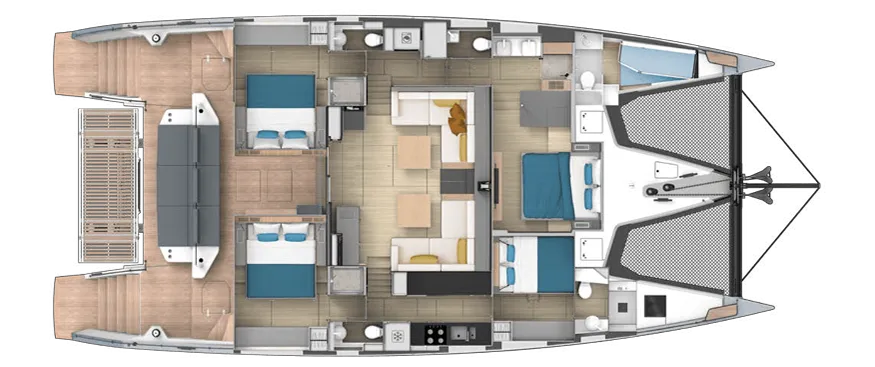 Floor plan of a catamaran interior showcasing bedrooms, living areas, kitchens, and bathrooms.