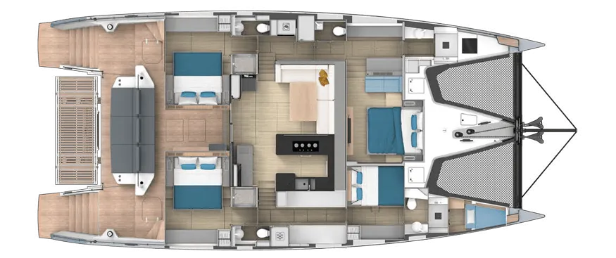 Catamaran interior layout with bedrooms, kitchen, and bathrooms. Spacious design for comfortable sailing.