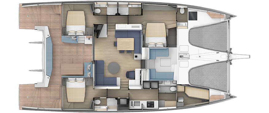 Catamaran interior layout with bedrooms, seating areas, and kitchen for luxury marine travel.