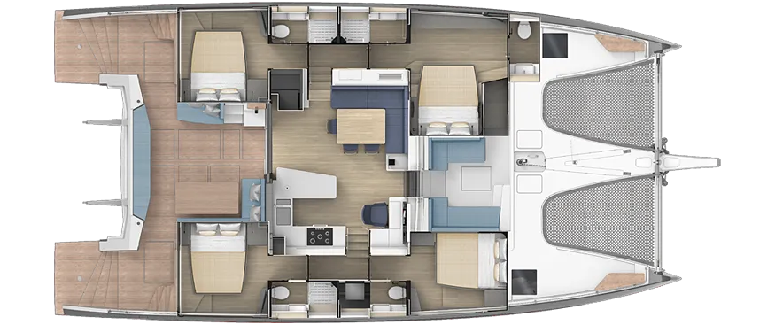 Catamaran interior layout: spacious design featuring cabins, saloon, galley, and lounge. Ideal for sailing comfort.