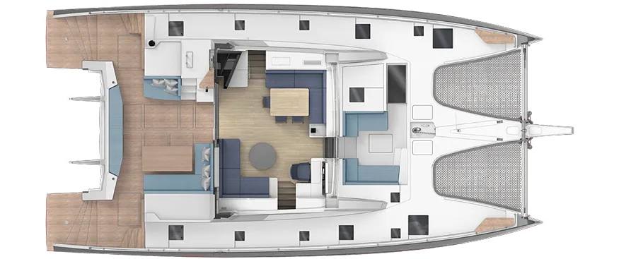 Catamaran deck layout with cabins, living area, and helm station; spacious design.